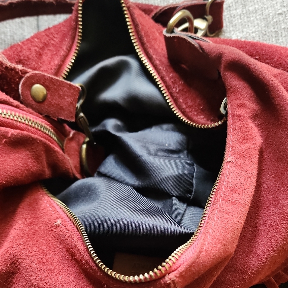Italian Made Red Suede Leather Boho Fringe Hobo Bag | Beaded Tassels - Picture 12 of 16